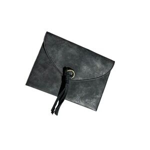 Anthropologie Black Faux Leather Tassel Clutch Bag Envelope Style